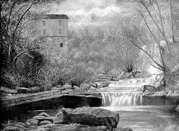 Bill Holmes’ painting of a waterfall and building at Rock Glen.