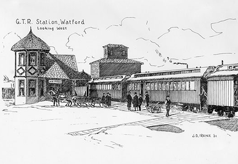 James Irvine sketch of Watford Grand Trunk train station in Watford.