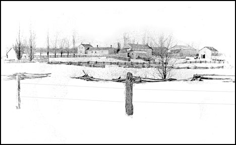 Pen and ink drawing of Carl Bryson farm on Arkona Rd.