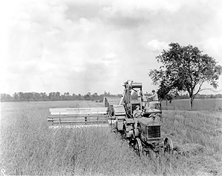 Queenie Edwards driving a tractor and combine in a field.