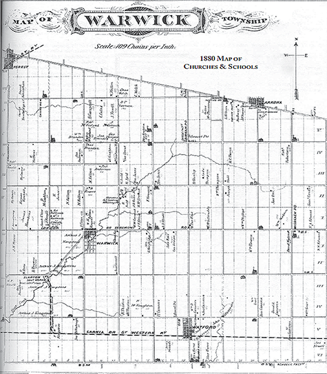 Map of Churches and Schools near Warwick.