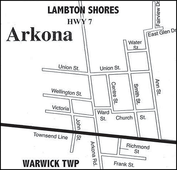White and black map showing Arkona, Lambton Shore Hwy 7, as part of  Township.