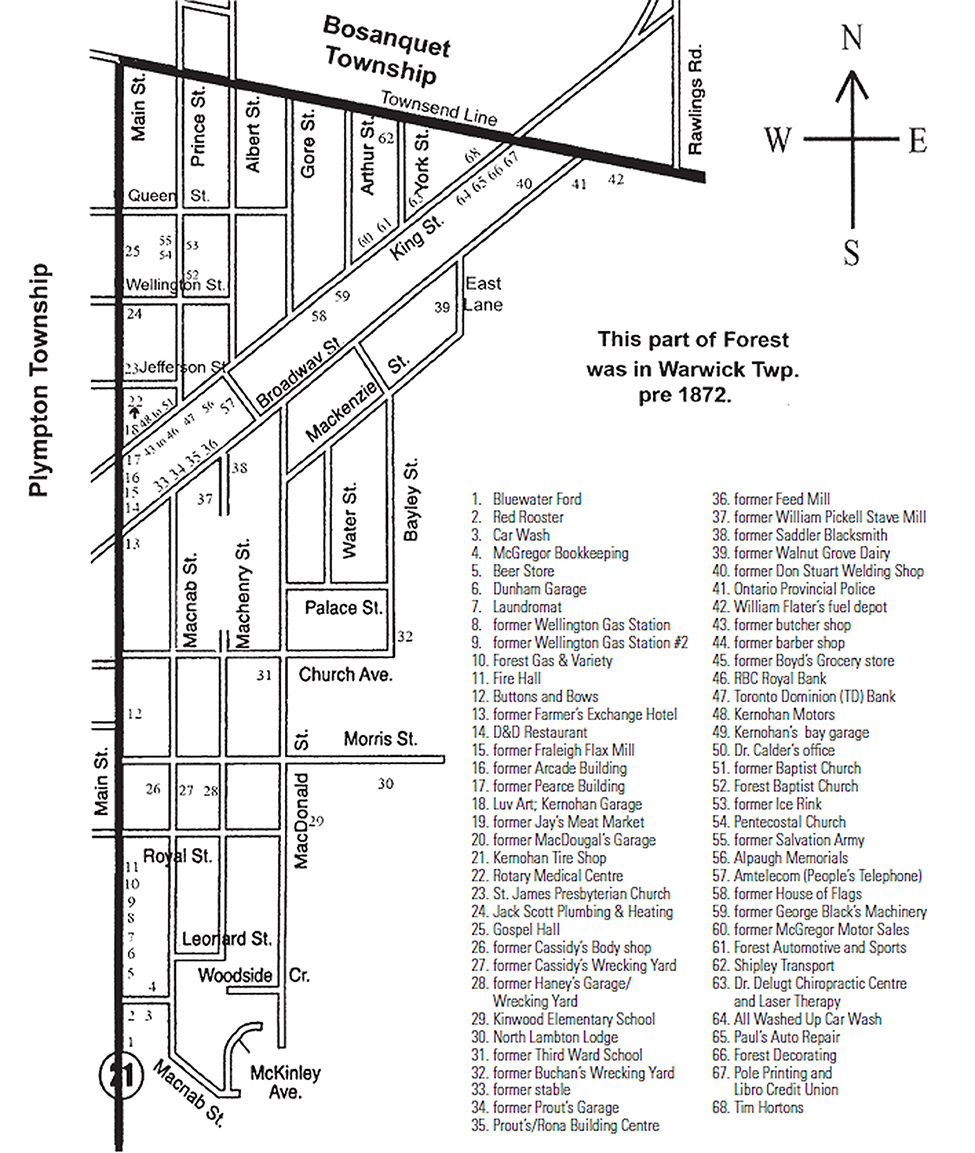 White and black map of Bosanquet and Plympton Townships.