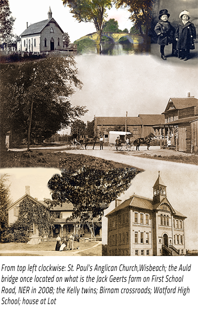 Photo cover of "The Township of Warwick: A Story Through Time" with caption: "From top left clockwise: St. Paul’s Anglican Church,Wisbeach; the Auld bridge once located on what is the Jack Geerts farm on First School Road, NER in 2008; the Kelly twins; Birnam crossroads; Watford High School; house at Lot 22, Con. 6 NER, home of Gerry and Joy Pierce in 2008".