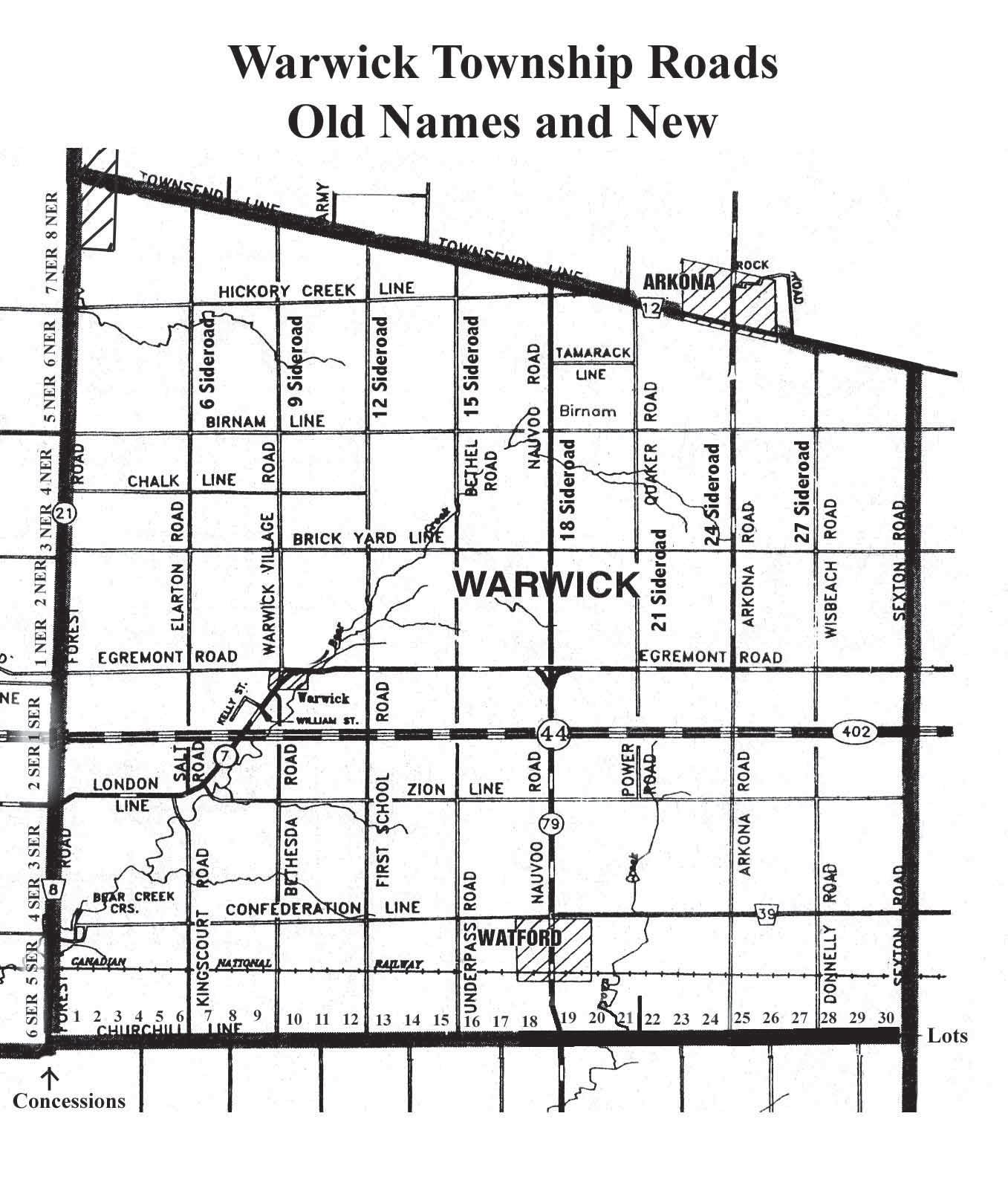 Map with title, "Warwick Township Roads Old Names and New".