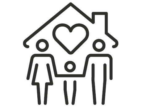 Icon of family standing in front of a home with a heart above.
