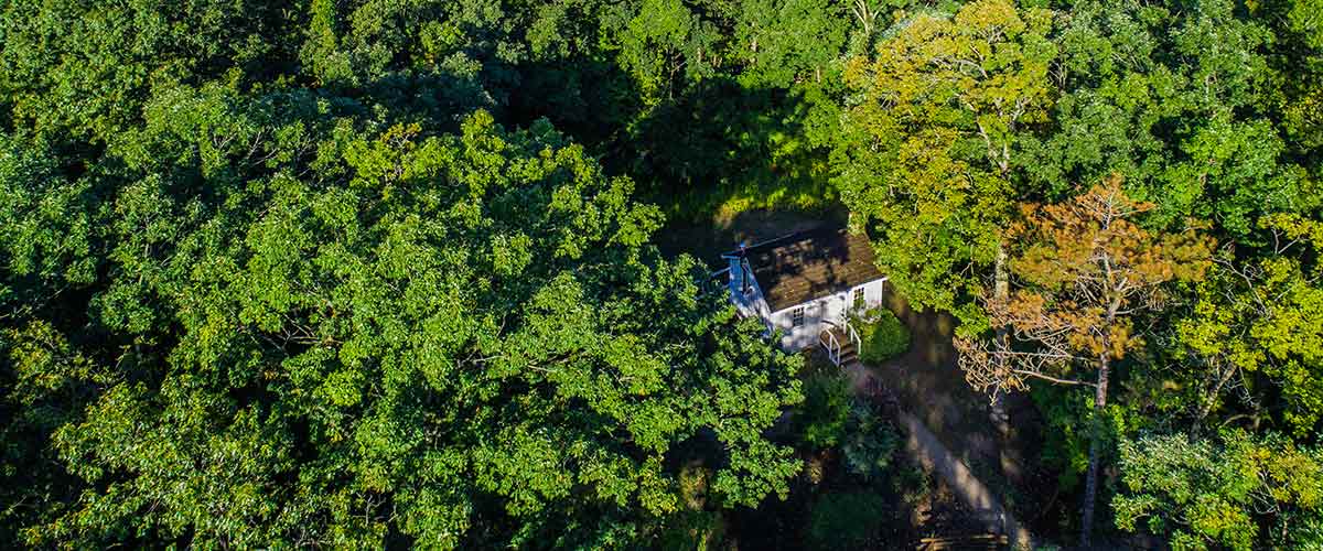 Aerial view of the tiny Tudhop House