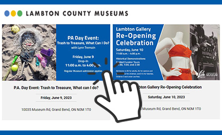 A preview of the events calendar showing upcoming PA day event and re-opening celebration.