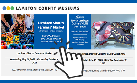 A preview of the events calendar showing upcoming farmers market events and quilt show.