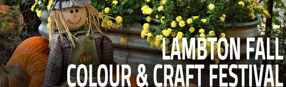 scarecrow sitting alongside fall pumpkins and mums. Text reads Lambton Fall Colour and Craft Festival