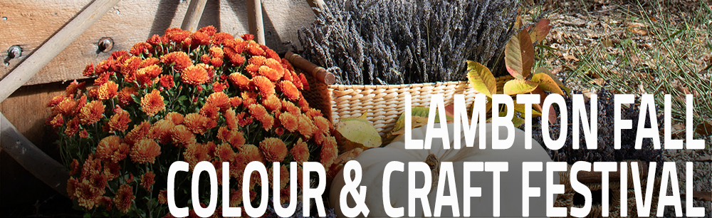 Orange mums and a basket of lavender next to a white pumpkin. Text reads Lambton Fall Colour and Craft Festival