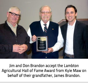 Three men posing for a picture, the man in the middle holds a plaque. Image Caption: Jim and Don Brandon accept the Lambton Agricultural Hall of Fame Award from Kyle Maw on behalf of their grandfather, James Brandon 