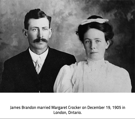 James Brandon (Left) and Margaret Crocker (Right) wedding Photo. Image Caption: James Brandon married Margaret Crocker on December 19, 1905 in London, Ontario.