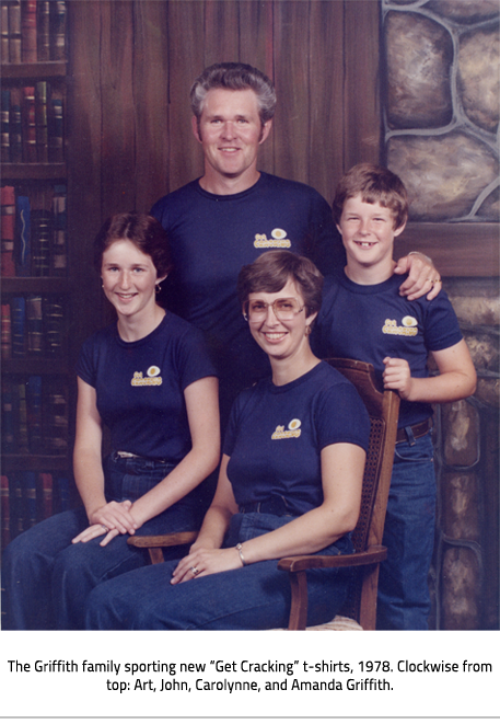 Griffith family photo, all wearing "Get Cracking" t-shirts. Image Caption:"The Griffith family sporting new “Get Cracking” t-shirts, 1978. Clockwise from top: Art, John, Carolynne, and Amanda Griffith."