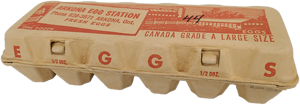 A red and brown egg carton. Text reads"Arkona Egg Station Phone 828-3871 Arkona, Ontario Fresh Eggs One Dozen Canada Grade A Large Size EGGS". Imagery of a barn on the top.
