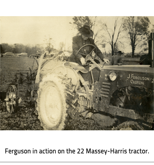 Ferguson in a muddy field, working a tractor. Image Caption: Ferguson in action on the 22 Massey-Harris tractor. 