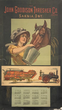 Green Goodison Calendar. Imagery of woman wearing a bonnet feeding a horse and an engine pulling a thresher.  The calendar is below the imagery. The title reads" The John Goodison Thresher Co. Limited. Sarnia Ont."