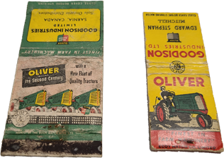 On the left, a larger green and yellow matchbook. On the right, a smaller, yellow and red matchbook. Both books advertise the green Oliver tractor.