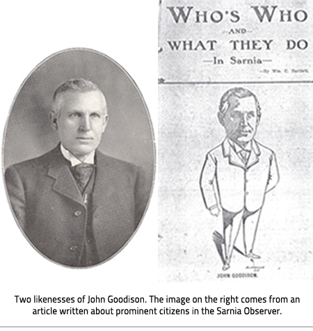 Left: a portrait of John Goodison. Right: a drawing of John Goodison which looks a lot like the portrait. Text reads, "Who's Who and What they do in Sarnia- by W.C Bartlett (under drawing: W.C.Bartlett 1913) John Goodison. Image Caption: Two likenesses of John Goodison. The image on the right comes from an article written about prominent citizens in the Sarnia Observer.