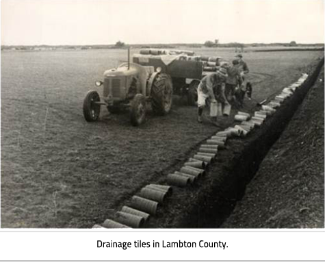 Men taking damage tiles off a tractor and laying them beside a dug ditch. Image Caption: "Drainage tiles in Lambton County."