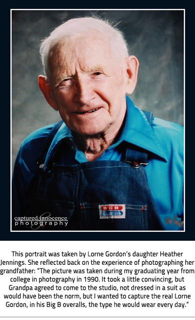 (A portrait of Lorne Gordon in a blue shirt and blue overalls. Image Caption: "This portrait was taken by Lorne Gordon’s daughter Heather Jennings. She reflected back on the experience of photographing her grandfather: “The picture was taken during my graduating year from college in photography in 1990. It took a little convincing, but Grandpa agreed to come to the studio, not dressed in a suit as would have been the norm, but I wanted to capture the real Lorne Gordon, in his Big B overalls, the type he would wear every day.” "), link.