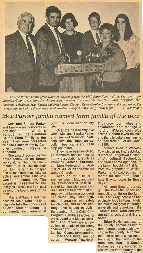 Newspaper article about Mac Parker's family farm.