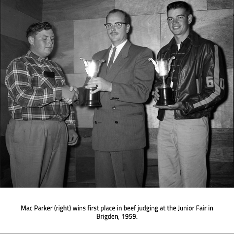 Mac parker and another receiving a trophy for beef cattle. Image Caption: "Mac Parker (right) wins first place in beef judging at the Junior Fair in Brigden, 1959."