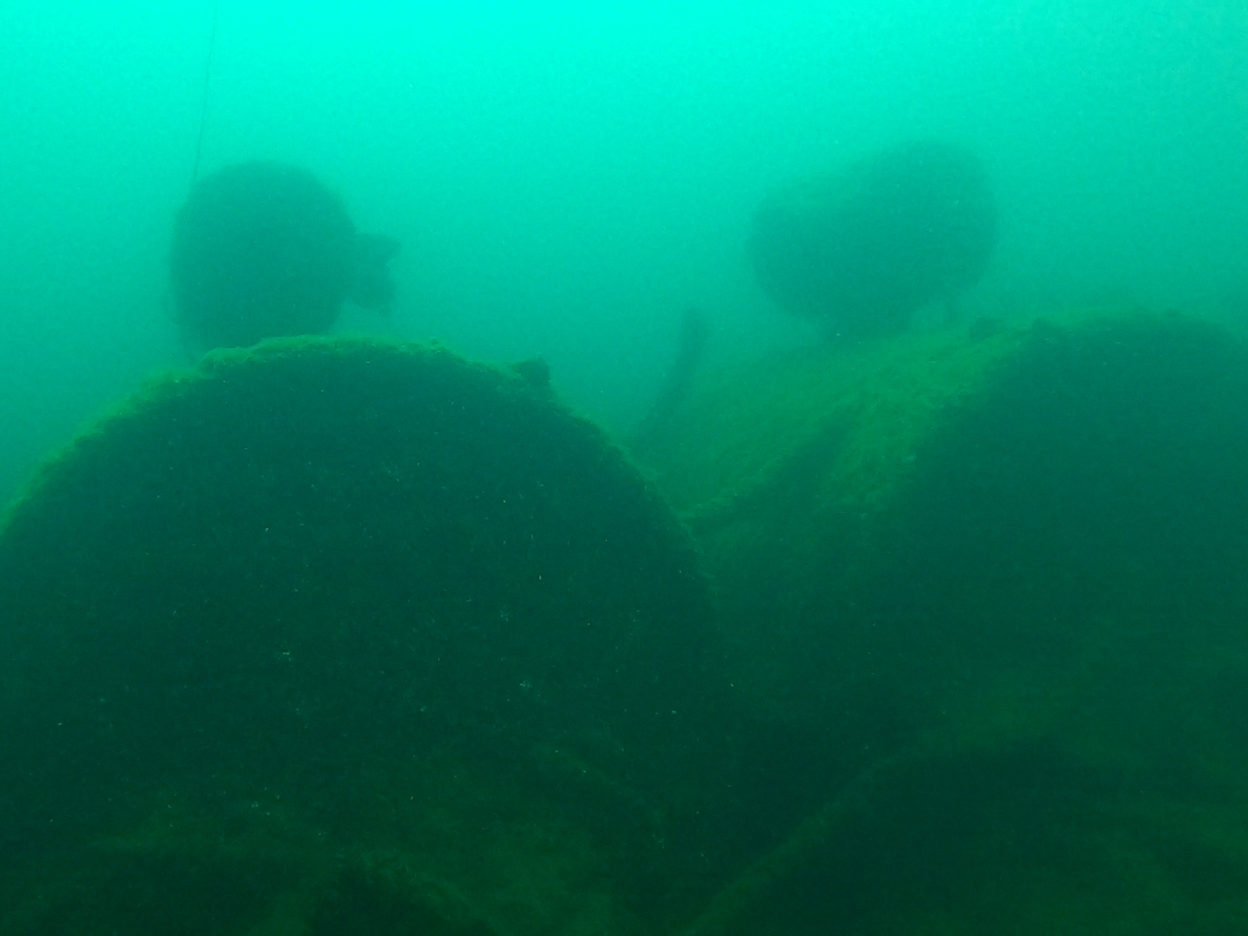 Underwater view of large, algae-covered shipwreck remains resting on the lakebed.