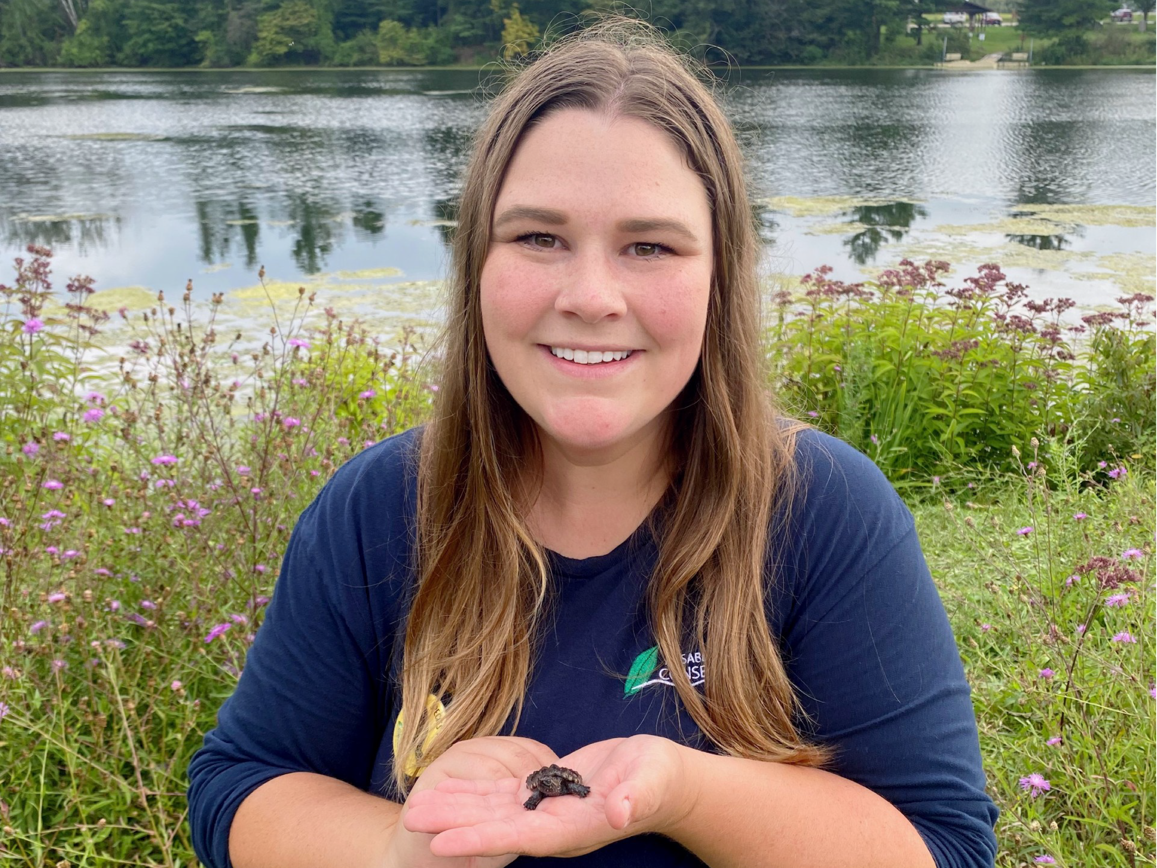 Person holding a small turtle near a lakeshore with water and wildflowers in the background.