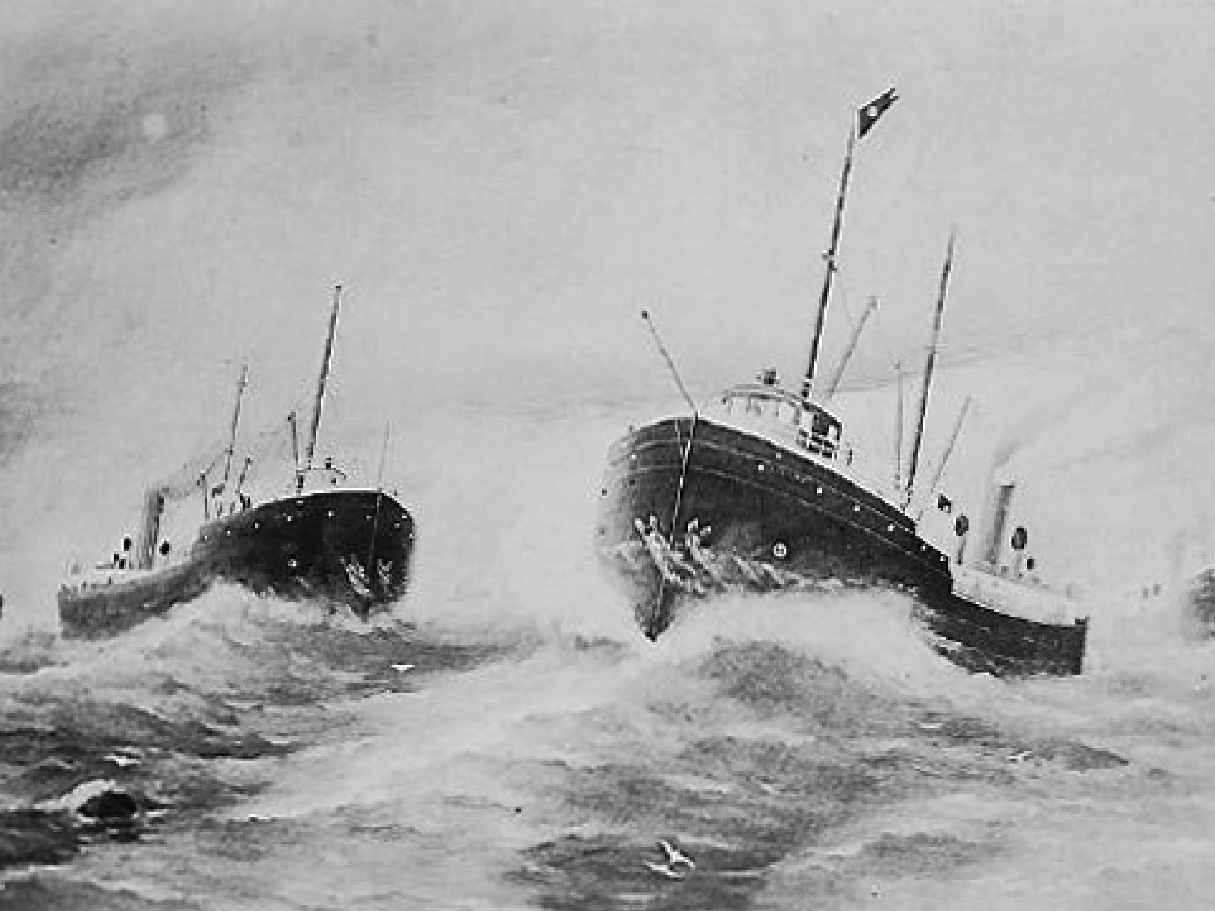 Historic black-and-white image of two steamships navigating heavy waves during a storm.