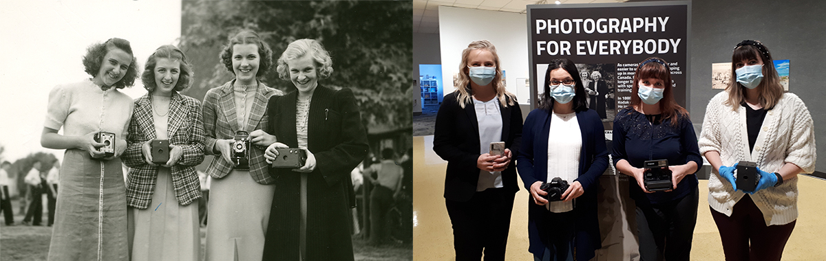 Two photos of four women standing side by side.