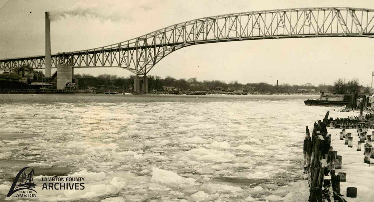 Black and white image of the Bluewater Bridge.