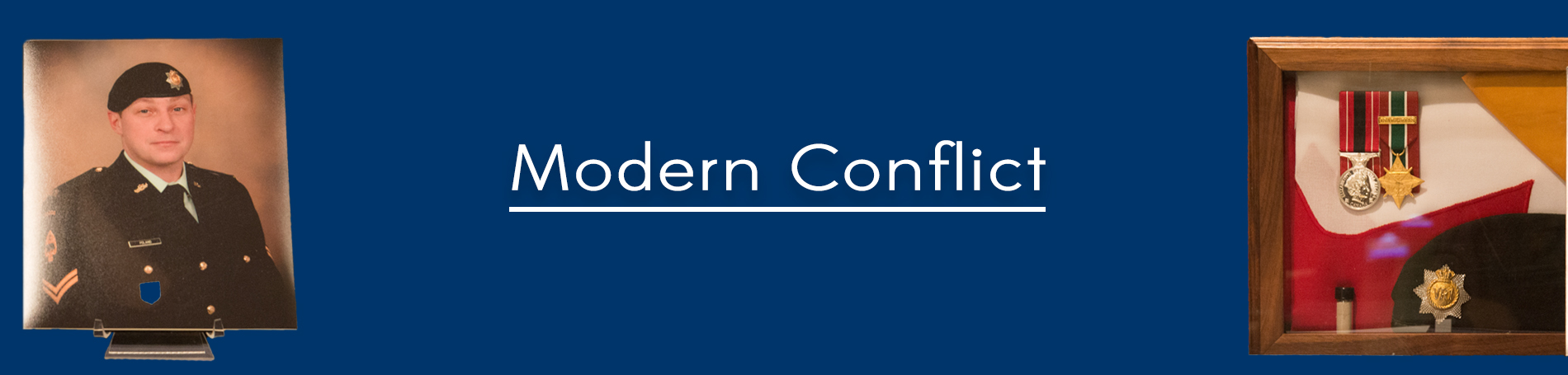 Blue background with text that reads, "Modern Conflict". On the left is a photo of Brent Poland and a shadow box. In the bottom right corner is the "Lambton at war" wordmark.