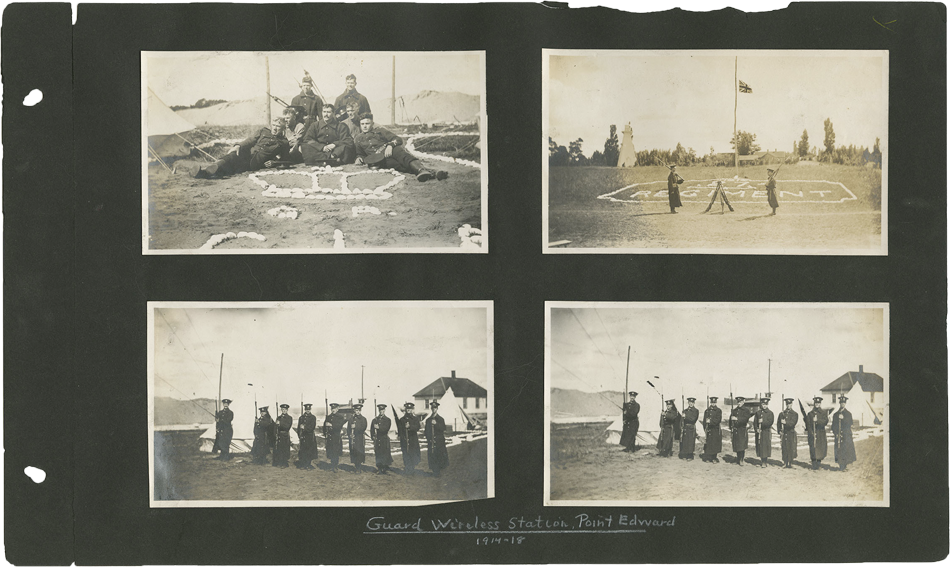 Scrapbook page with four images showing soldiers guarding the Point Edward Wireless Station, link.