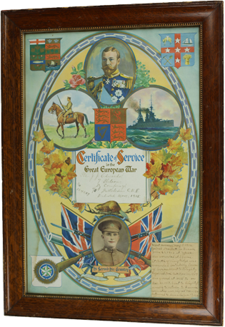 Certificate of Service in the Great European War framed, link.