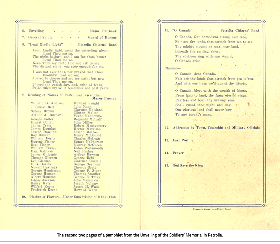 (The second two pages of "Unveiling of the Soldiers Memorial Petrolia" pamphlet. Image Caption: "The second two pages of a pamphlet from the Unveiling of the Soldiers’ Memorial in Petrolia."), link.