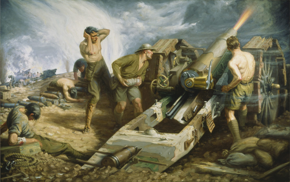 Painting of three men operating artillery on a battlefield, link.