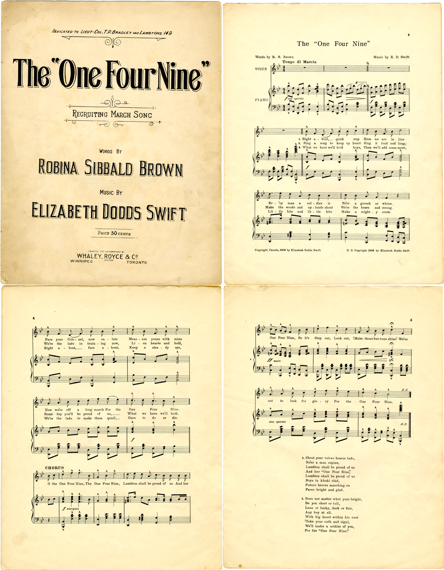 Sheet music for a marching song, "The One Four Nine", link.