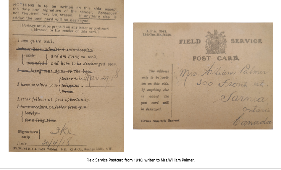 Field Service Postcard from 1918, written to Mrs. William Palmer, link.