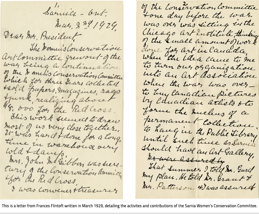 Two pages of a written letter dated ,March 2nd 1929. Image Caption: "This is a letter from Frances Flintoft written in March 1928, detailing the activities and contributions of the Sarnia Women's Conservation Committee.", link.