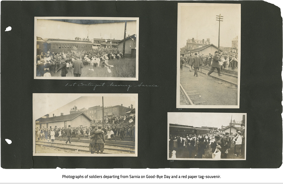 Scrapbook page with four pictures showing soldiers leaving Sarnia on Good-Bye Day, link.