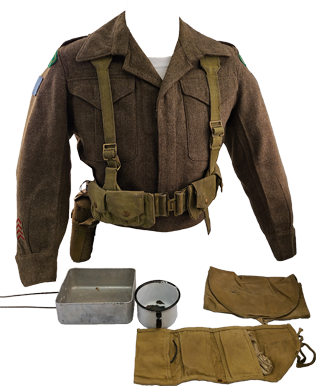 A brown uniform coat, food tin, mug and two canvas bags in front, link.