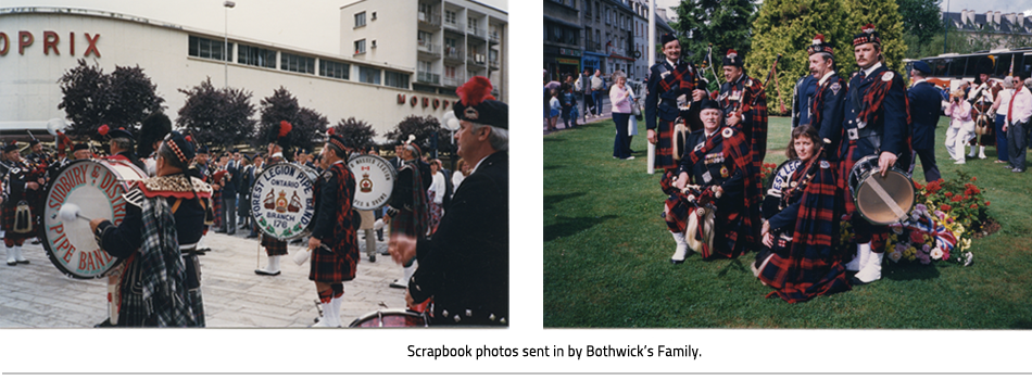 (Left: The Forest Legion pipe band plays for a crowd. Right: Members of a band are dressed in tartans and kilts and pose for a photo. Image Caption: Scrapbook photos sent in by Bothwick's Family.),link.