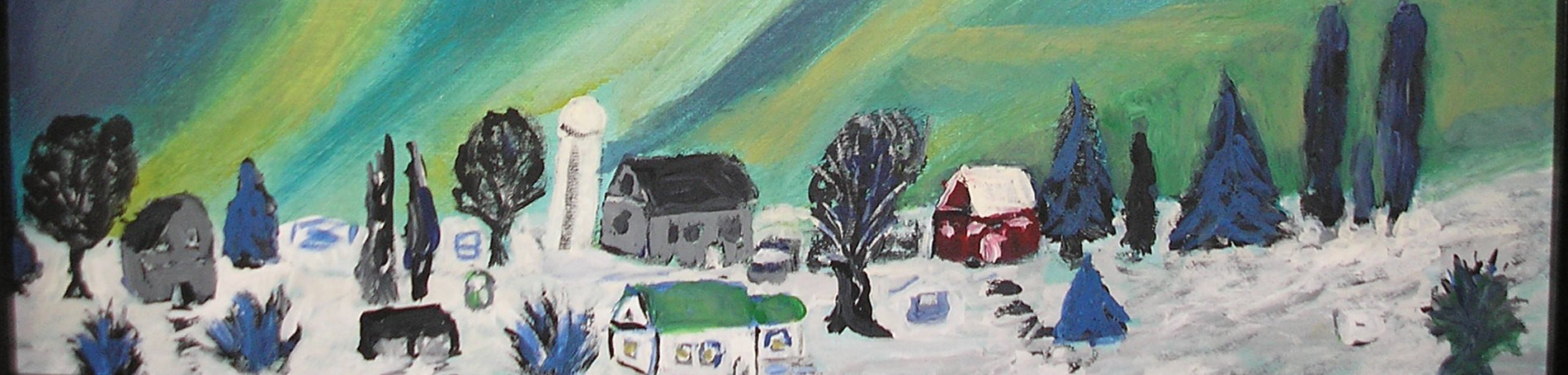 Painting of town with snow.