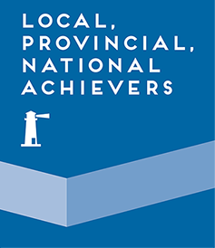 Dark Blue button with text, "Local, Provincial, National Achievers" and a lighthouse icon, link.