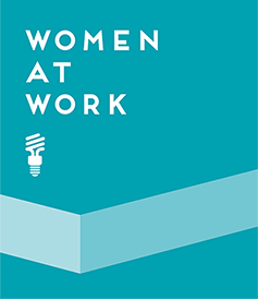 Teal button with text, "Women At Work" and a lightbulb icon, link.