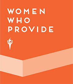 Dark Orange button with text, "Women Who Provide" and a torch icon, link.