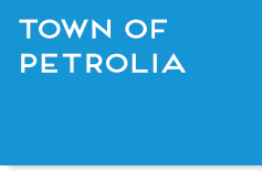 Blue box with text, "Town of Petrolia", link.