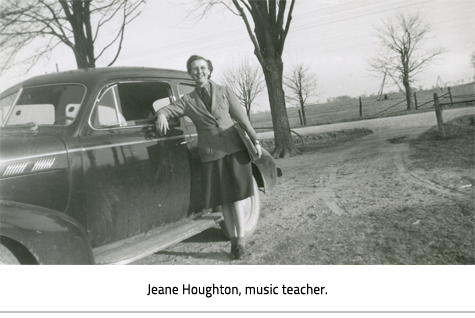 (Jeane Houghton leaning up against a car. Her hair is in an up do she wears a skirt, jacket and tie. Image Caption: "Jeane Houghton, music teacher"), link.