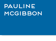 Blue box with text, "Pauline McGibbon", link.